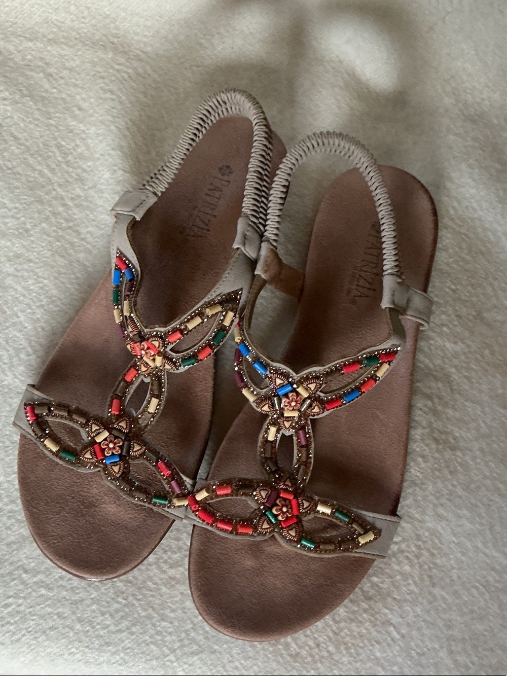 Beige Taupe Beaded Slingback Sandals – Multicolor Embellished Upper